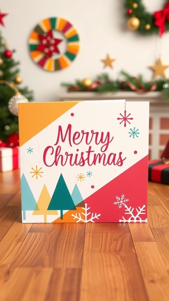 Modern Christmas Card Design A stylish modern Christmas card with geometric patterns and bold typography on a wooden table.